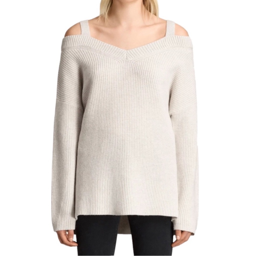 All Saints Dasha V Neck Cold Shoulder Cashmere Wool Blend Sweater Off White XS - Picture 4 of 8
